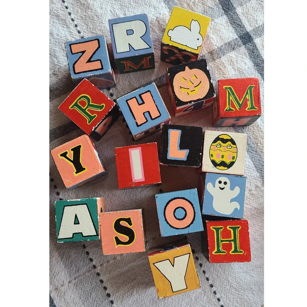 Vintage Wooden Alphabet Blocks Set 16pc Holiday Illustrations Nursery Decor Toy